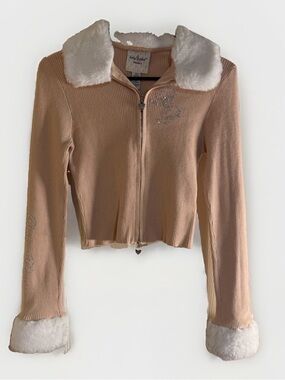 Baby Phat x Forever 21 Pink Ribbed Faux Fur Trim Zip Up Cardigan Rhinestone M